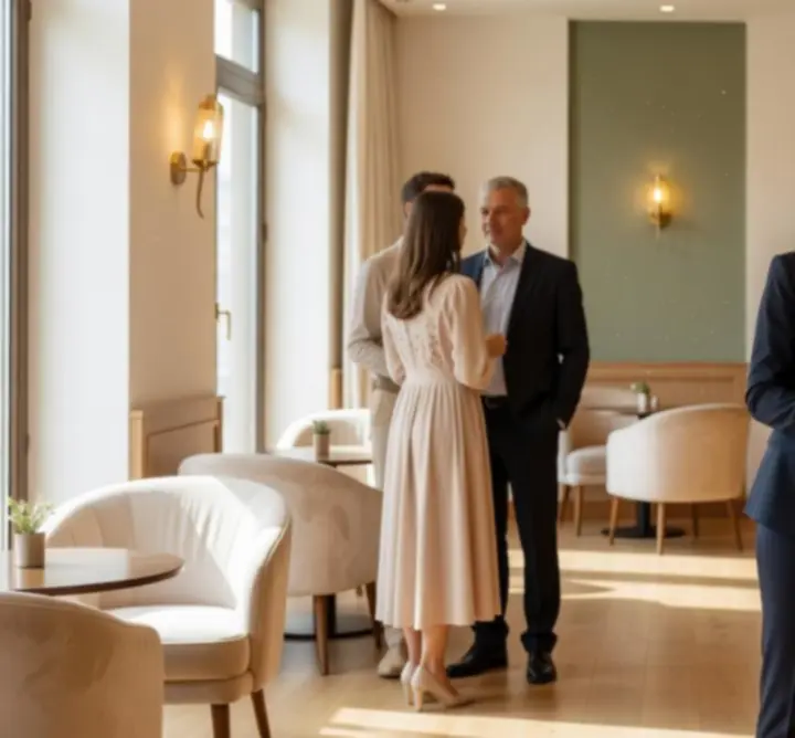 Mosolygó személyzet, aki támogatást nyújt a Gathering Venue Hub vendégeinek