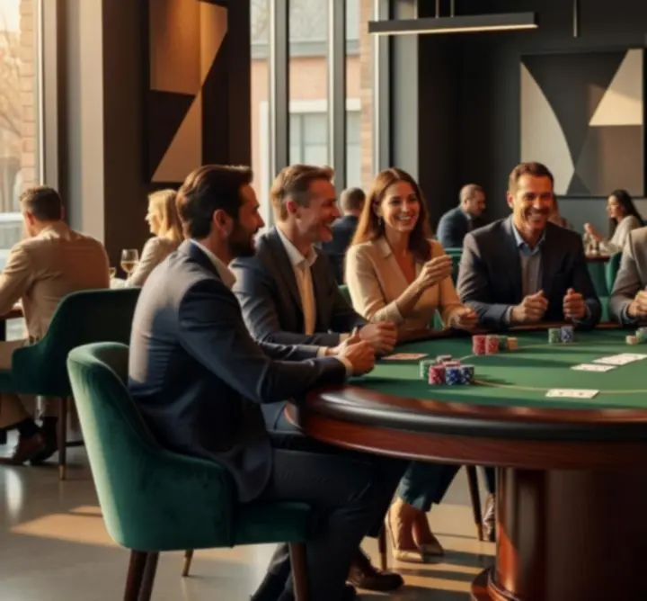 Elegáns, megvilágított pókerasztal a Gathering Venue Hub exkluzív terében