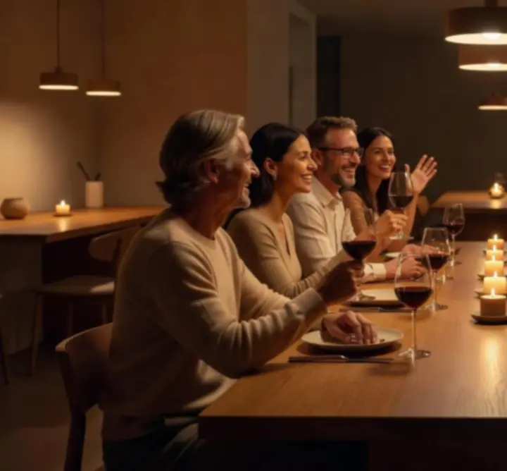 Baráti társaság vacsorázik egy meghitt, elegáns asztalnál a Gathering Venue Hubban