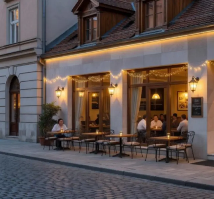 A Gathering Venue Hub meleg, hangulatos külső látképe kora esti fényekben